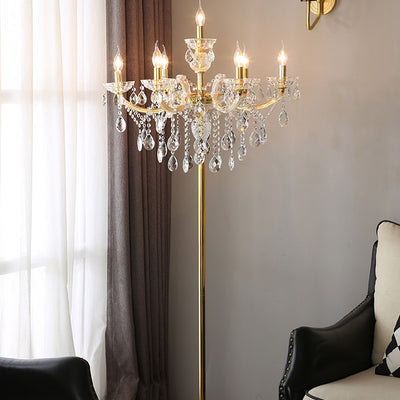 Lámpara de pie de 7 luces con pantalla de vidrio, metal y tela tradicional europea para sala de estar 