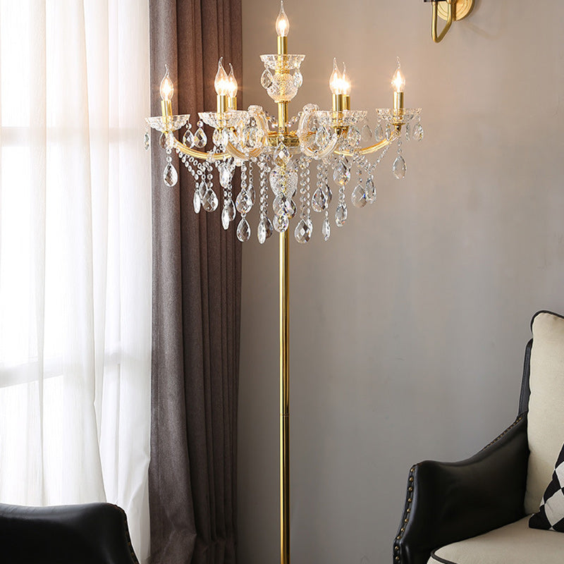 Lámpara de pie de 7 luces con pantalla de vidrio, metal y tela tradicional europea para sala de estar 