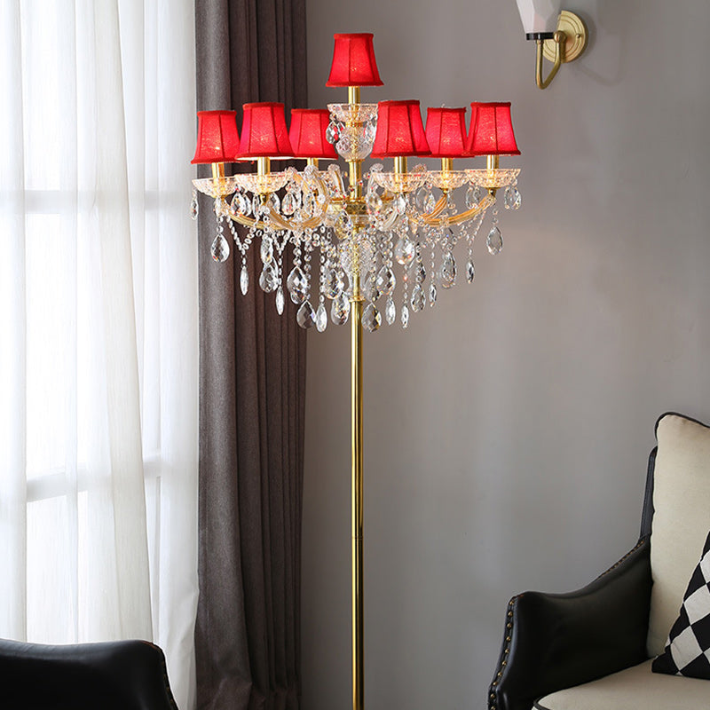 Lámpara de pie de 7 luces con pantalla de vidrio, metal y tela tradicional europea para sala de estar 
