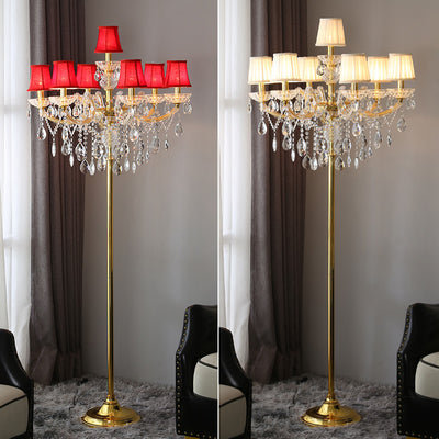 Lámpara de pie de 7 luces con pantalla de vidrio, metal y tela tradicional europea para sala de estar 