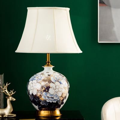 Lámpara de mesa de 1 luz para dormitorio con base de bola de cerámica metálica tradicional china 