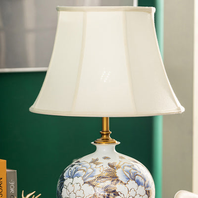 Lámpara de mesa de 1 luz para dormitorio con base de bola de cerámica metálica tradicional china 