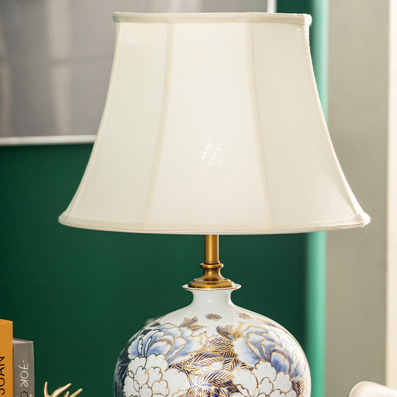 Lámpara de mesa de 1 luz para dormitorio con base de bola de cerámica metálica tradicional china 