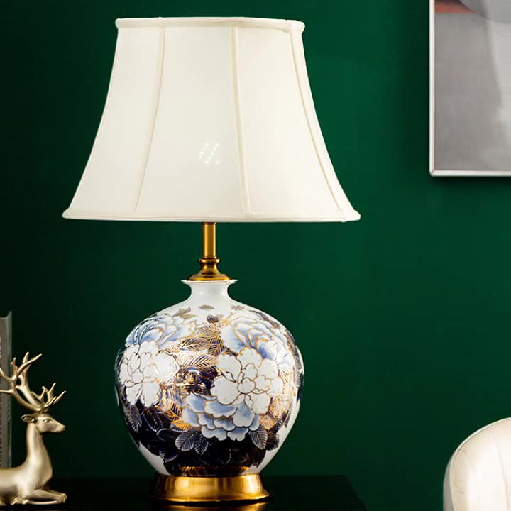 Lámpara de mesa de 1 luz para dormitorio con base de bola de cerámica metálica tradicional china 
