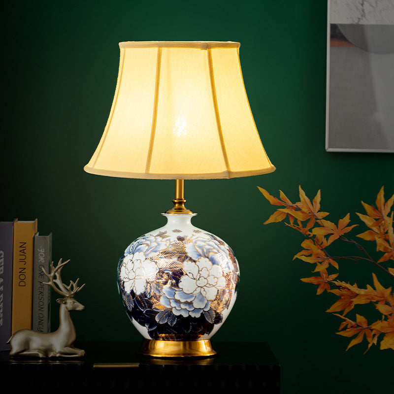 Lámpara de mesa de 1 luz para dormitorio con base de bola de cerámica metálica tradicional china 