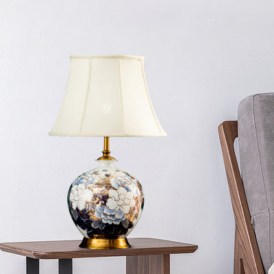 Lámpara de mesa de 1 luz para dormitorio con base de bola de cerámica metálica tradicional china 