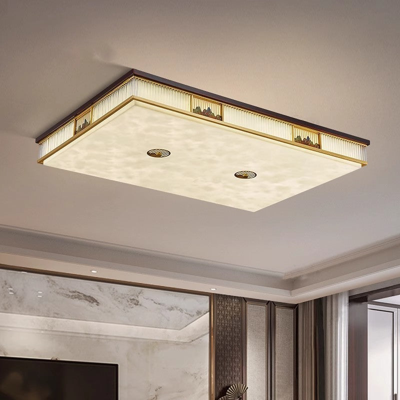 Traditional Chinese Rectangular Brass Faux Marble Glass LED Flush Mount Ceiling Light For Living Room