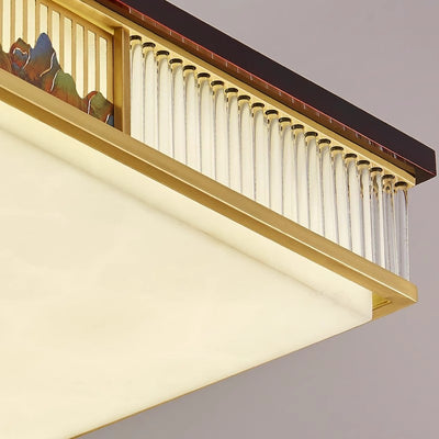 Traditional Chinese Rectangular Brass Faux Marble Glass LED Flush Mount Ceiling Light For Living Room