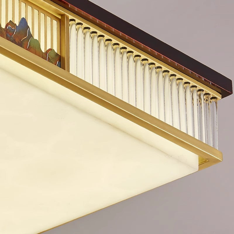 Traditional Chinese Rectangular Brass Faux Marble Glass LED Flush Mount Ceiling Light For Living Room