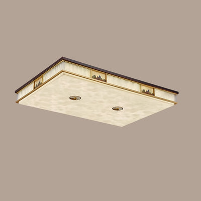 Traditional Chinese Rectangular Brass Faux Marble Glass LED Flush Mount Ceiling Light For Living Room