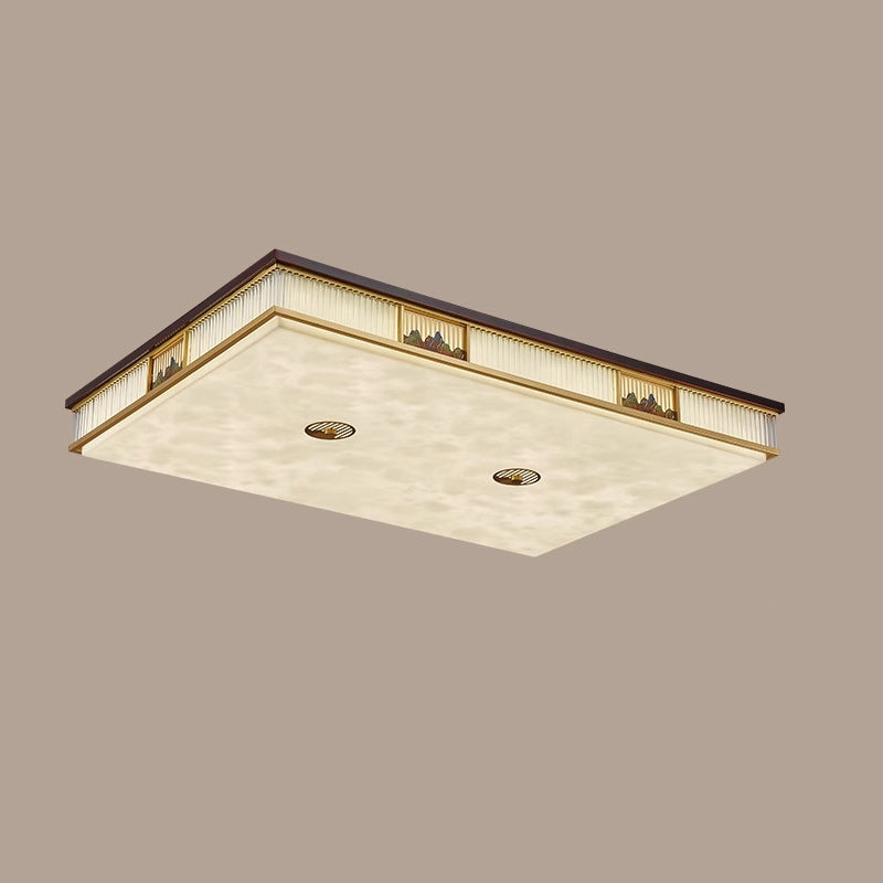 Traditional Chinese Rectangular Brass Faux Marble Glass LED Flush Mount Ceiling Light For Living Room