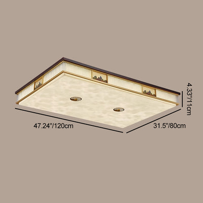 Traditional Chinese Rectangular Brass Faux Marble Glass LED Flush Mount Ceiling Light For Living Room