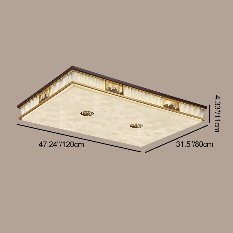 Traditional Chinese Rectangular Brass Faux Marble Glass LED Flush Mount Ceiling Light For Living Room