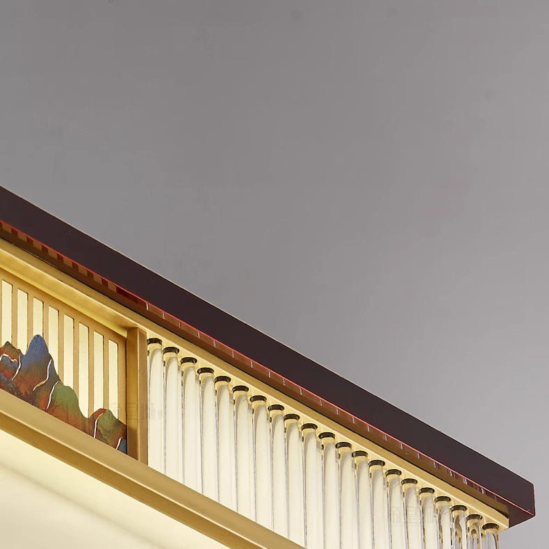 Traditional Chinese Rectangular Brass Faux Marble Glass LED Flush Mount Ceiling Light For Living Room