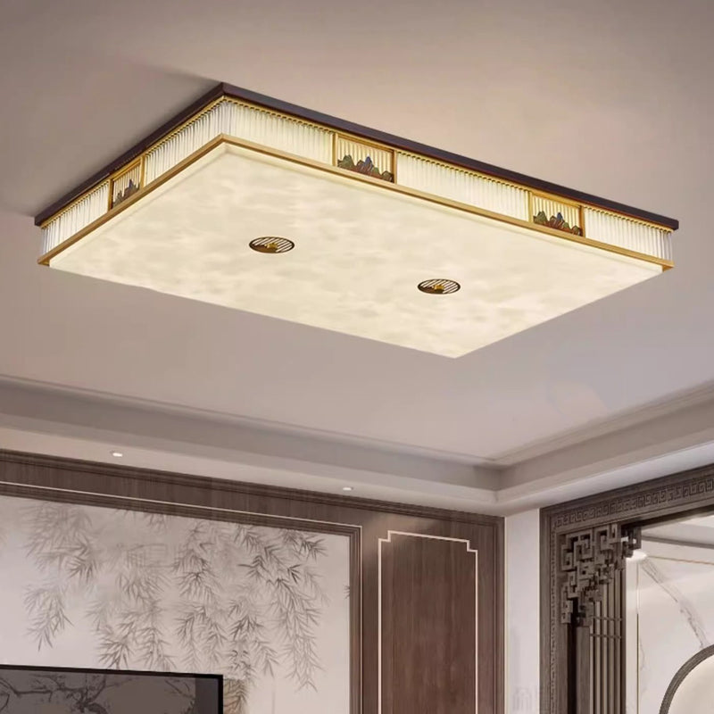 Traditional Chinese Rectangular Brass Faux Marble Glass LED Flush Mount Ceiling Light For Living Room