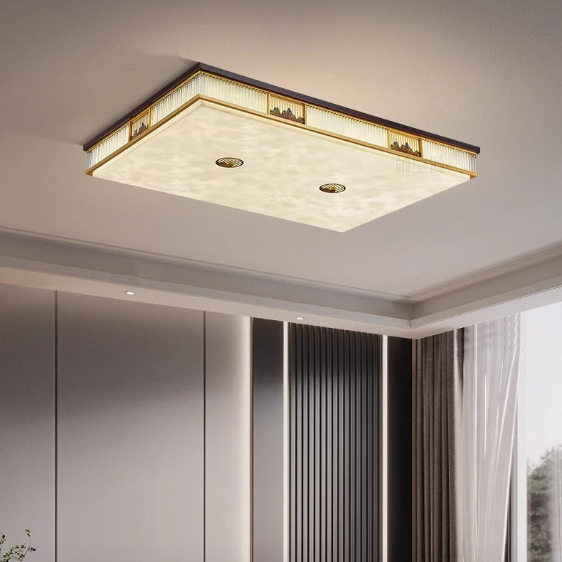 Traditional Chinese Rectangular Brass Faux Marble Glass LED Flush Mount Ceiling Light For Living Room