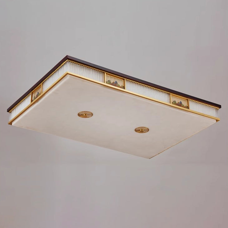 Traditional Chinese Rectangular Brass Faux Marble Glass LED Flush Mount Ceiling Light For Living Room