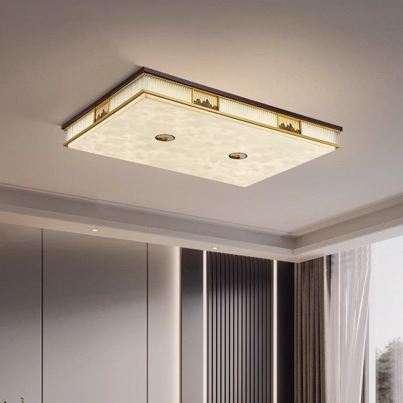 Traditional Chinese Rectangular Brass Faux Marble Glass LED Flush Mount Ceiling Light For Living Room