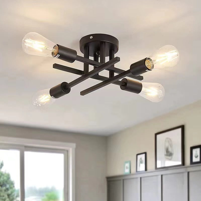 Luz de techo semi empotrada contemporánea industrial de tubo largo de hierro con 4 luces para dormitorio 