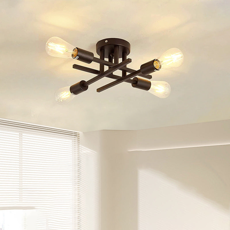 Luz de techo semi empotrada contemporánea industrial de tubo largo de hierro con 4 luces para dormitorio 