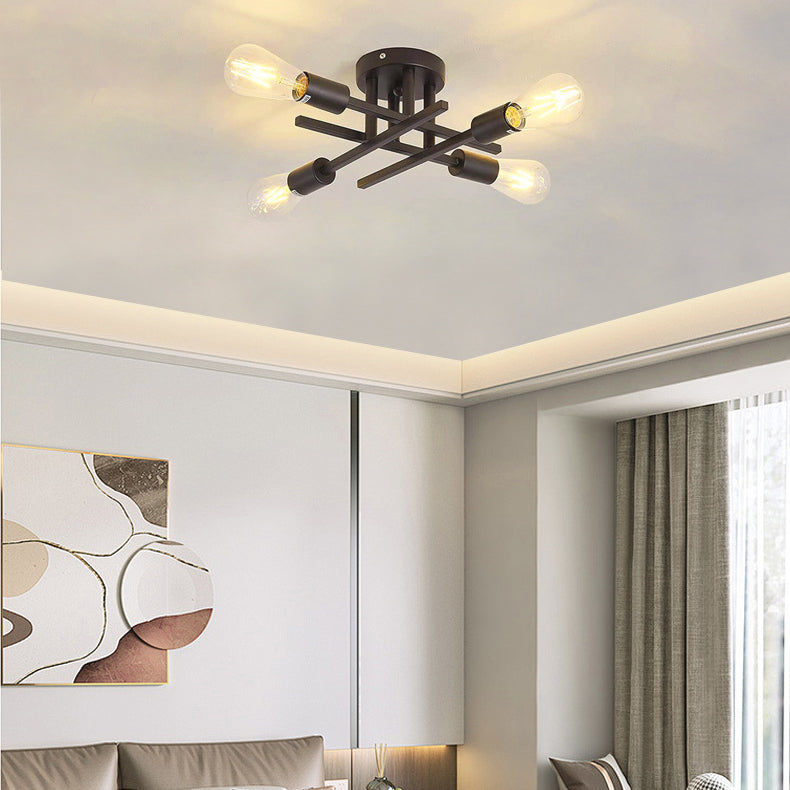 Luz de techo semi empotrada contemporánea industrial de tubo largo de hierro con 4 luces para dormitorio 