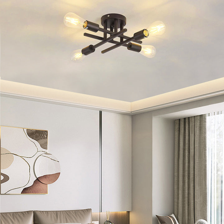 Luz de techo semi empotrada contemporánea industrial de tubo largo de hierro con 4 luces para dormitorio 