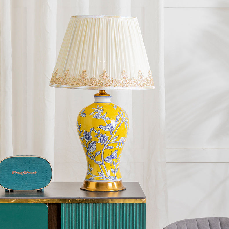 Lampe de table 1 lumière en tissu métallique en céramique de cône de tronc chinois traditionnel pour chambre 