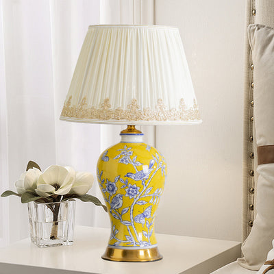 Lampe de table 1 lumière en tissu métallique en céramique de cône de tronc chinois traditionnel pour chambre 