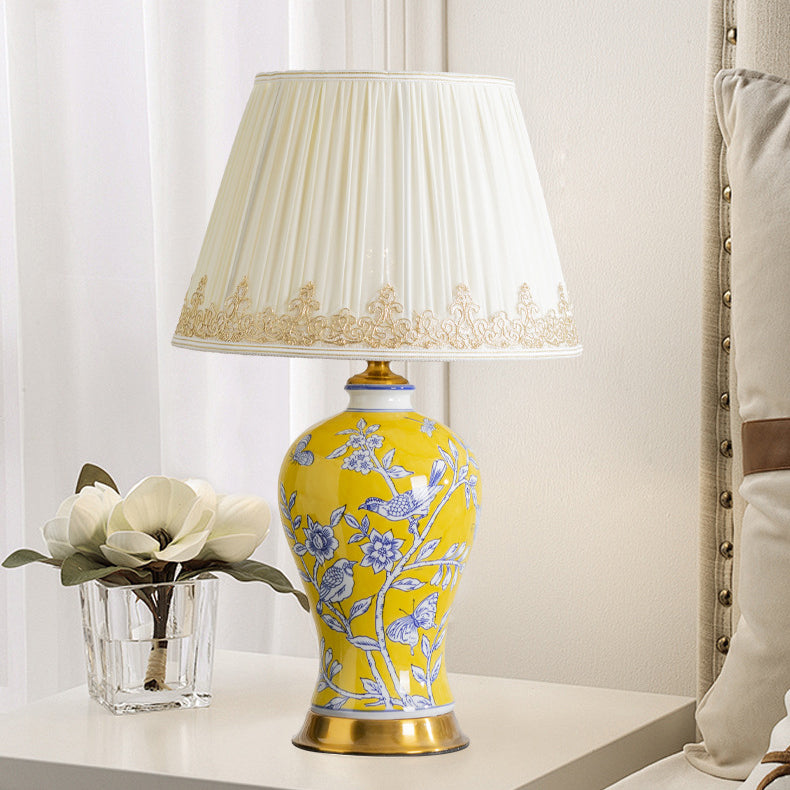 Lampe de table 1 lumière en tissu métallique en céramique de cône de tronc chinois traditionnel pour chambre 