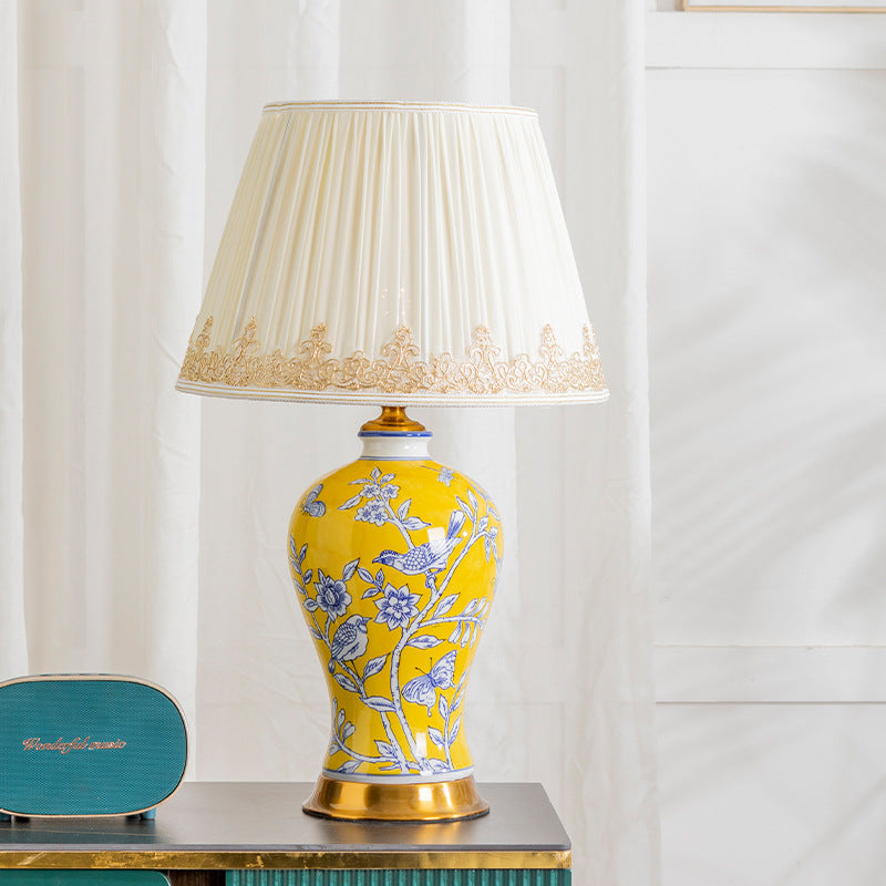 Lampe de table 1 lumière en tissu métallique en céramique de cône de tronc chinois traditionnel pour chambre 