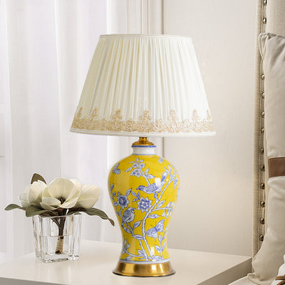 Lampe de table 1 lumière en tissu métallique en céramique de cône de tronc chinois traditionnel pour chambre 