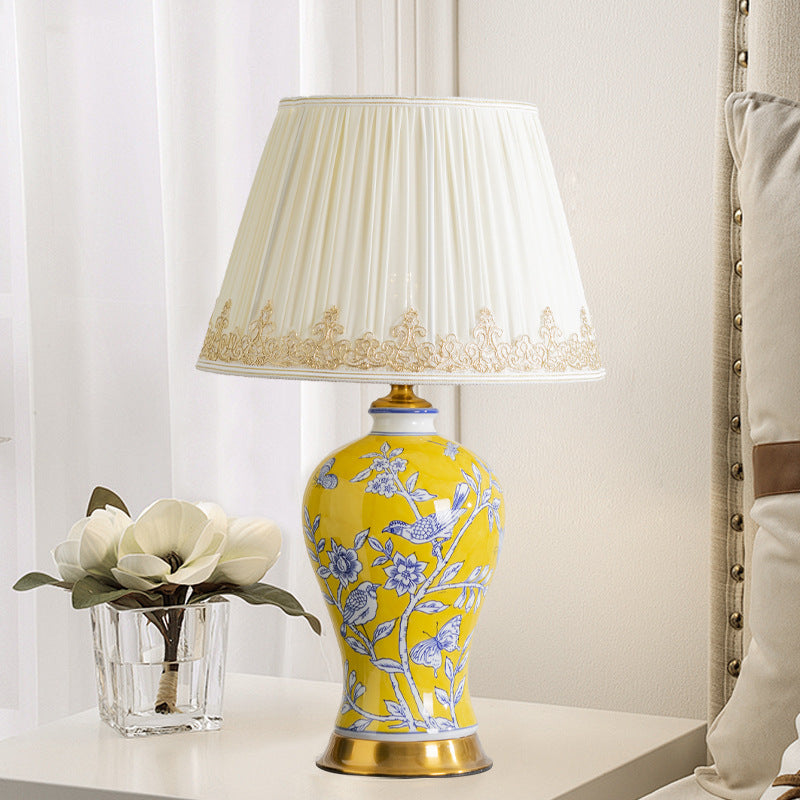 Lampe de table 1 lumière en tissu métallique en céramique de cône de tronc chinois traditionnel pour chambre 