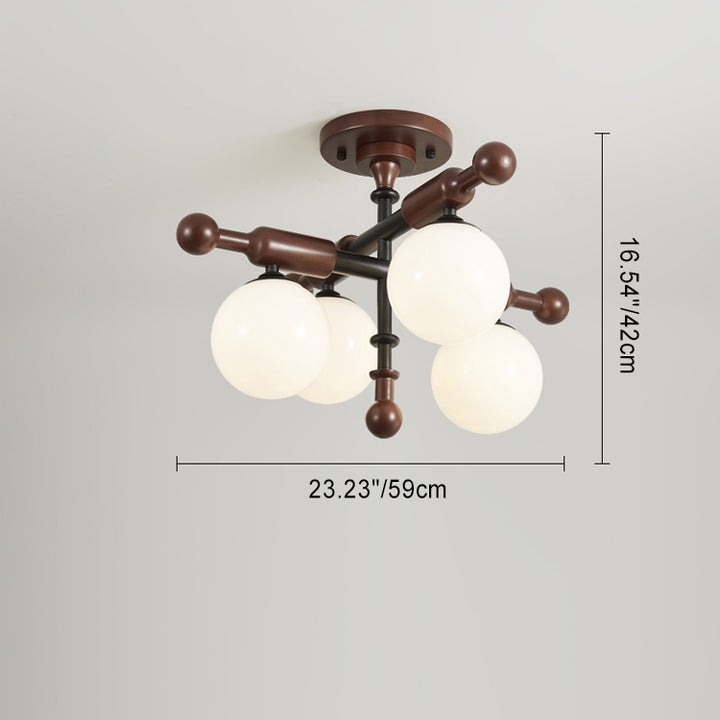 Luz de techo semi-empotrada de 4/6/8 luces de esfera francesa tradicional de metal, madera de caucho y vidrio para sala de estar 