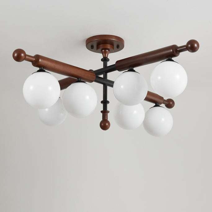 Traditional French Sphere Metal Rubberwood Glass 4/6/8 Light Semi-Flush Mount Ceiling Light For Living Room