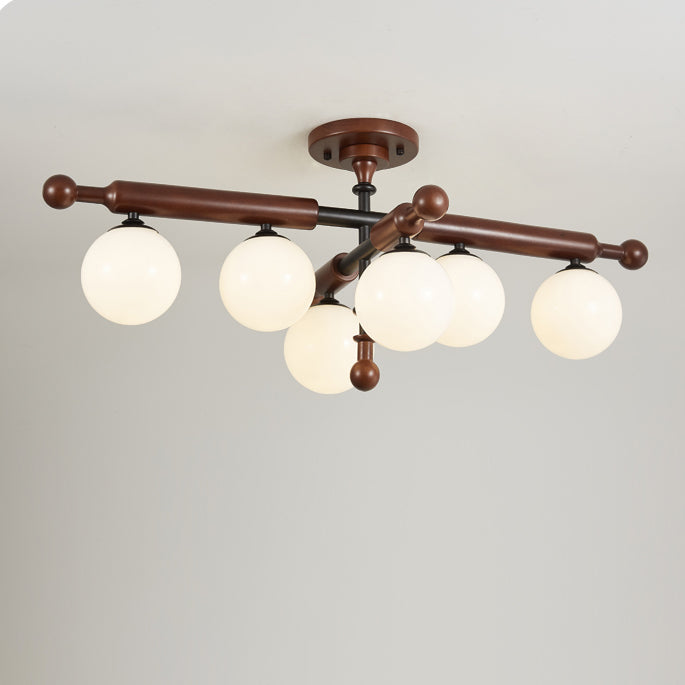 Traditional French Sphere Metal Rubberwood Glass 4/6/8 Light Semi-Flush Mount Ceiling Light For Living Room