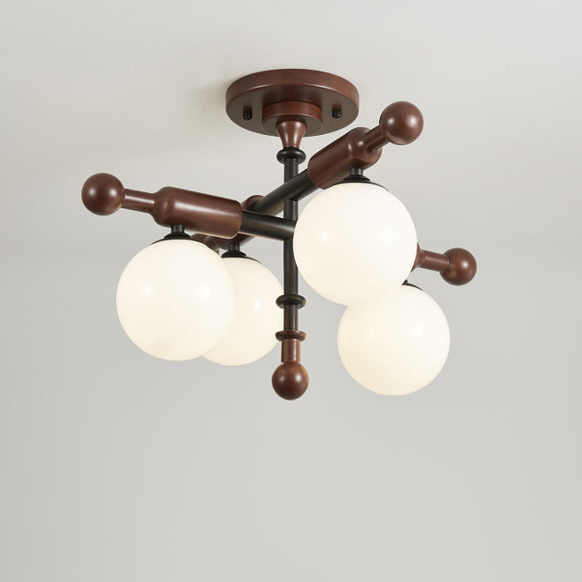 Traditional French Sphere Metal Rubberwood Glass 4/6/8 Light Semi-Flush Mount Ceiling Light For Living Room