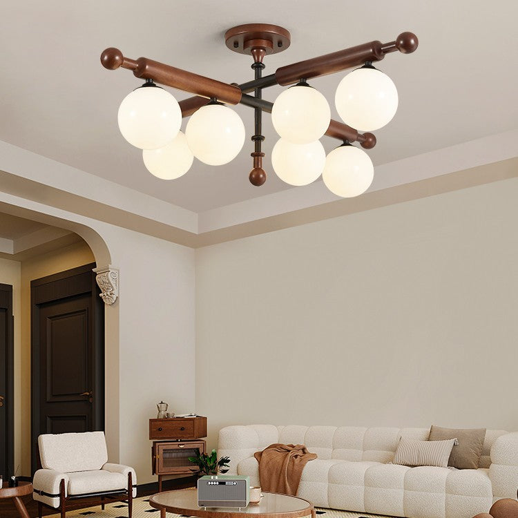 Traditional French Sphere Metal Rubberwood Glass 4/6/8 Light Semi-Flush Mount Ceiling Light For Living Room