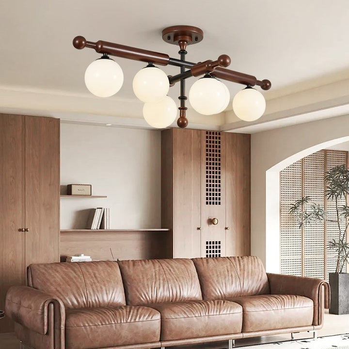 Traditional French Sphere Metal Rubberwood Glass 4/6/8 Light Semi-Flush Mount Ceiling Light For Living Room