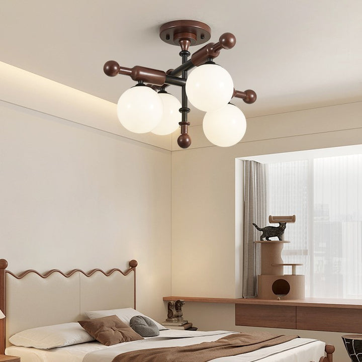 Traditional French Sphere Metal Rubberwood Glass 4/6/8 Light Semi-Flush Mount Ceiling Light For Living Room