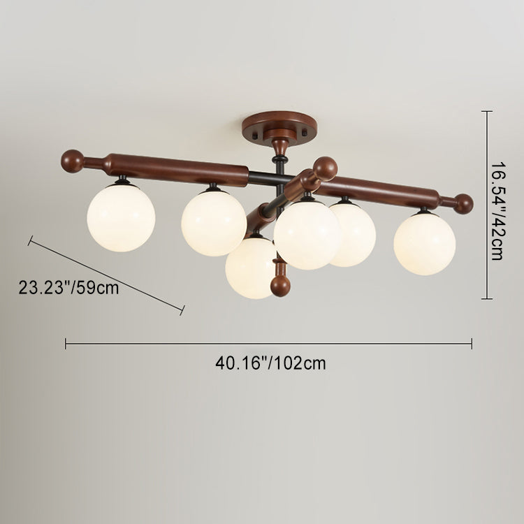 Traditional French Sphere Metal Rubberwood Glass 4/6/8 Light Semi-Flush Mount Ceiling Light For Living Room