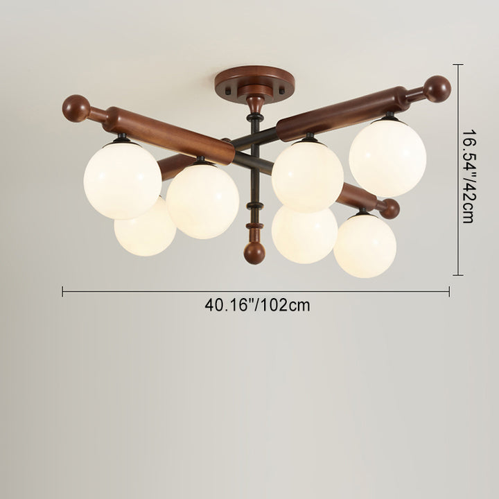 Traditional French Sphere Metal Rubberwood Glass 4/6/8 Light Semi-Flush Mount Ceiling Light For Living Room