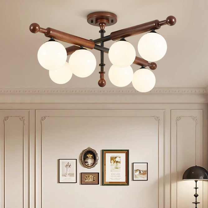Luz de techo semi-empotrada de 4/6/8 luces de esfera francesa tradicional de metal, madera de caucho y vidrio para sala de estar 