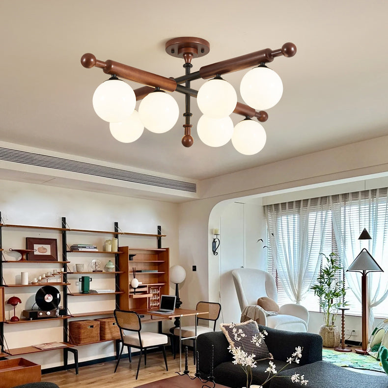 Traditional French Sphere Metal Rubberwood Glass 4/6/8 Light Semi-Flush Mount Ceiling Light For Living Room