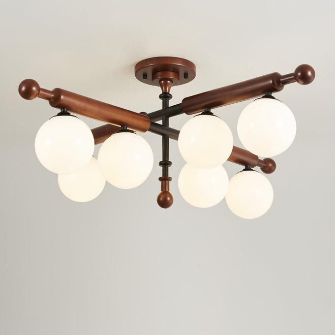 Traditional French Sphere Metal Rubberwood Glass 4/6/8 Light Semi-Flush Mount Ceiling Light For Living Room