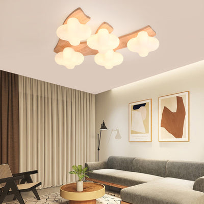 Contemporary Creative Cotton Solid Wood Glass LED Semi-Flush Mount Ceiling Light For Living Room
