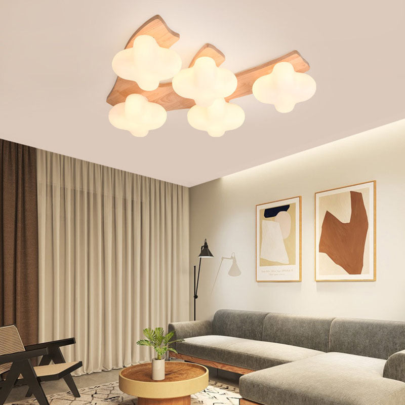 Contemporary Creative Cotton Solid Wood Glass LED Semi-Flush Mount Ceiling Light For Living Room