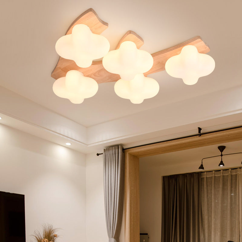 Contemporary Creative Cotton Solid Wood Glass LED Semi-Flush Mount Ceiling Light For Living Room