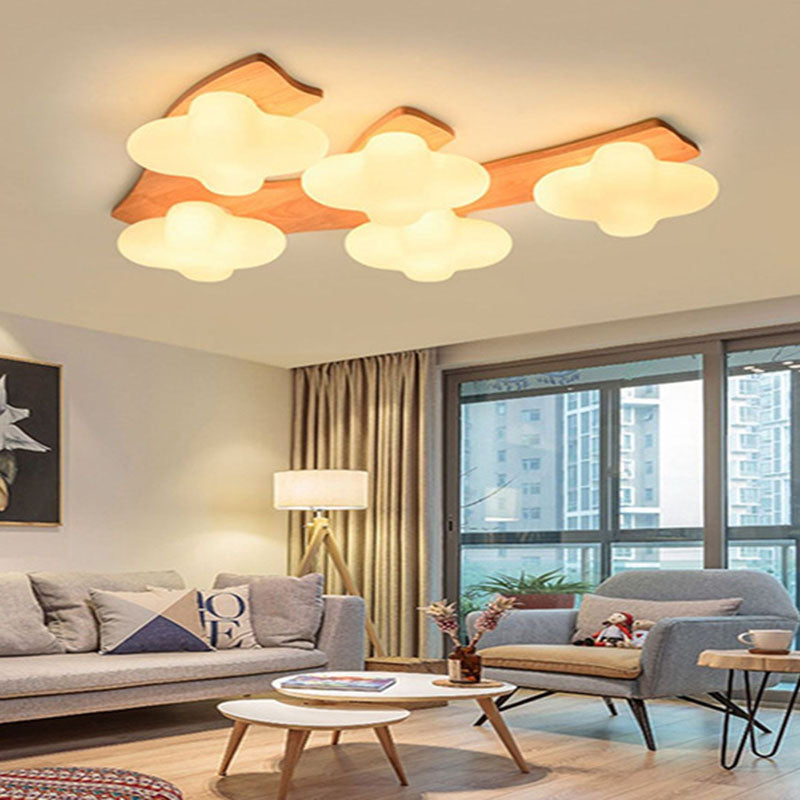 Contemporary Creative Cotton Solid Wood Glass LED Semi-Flush Mount Ceiling Light For Living Room