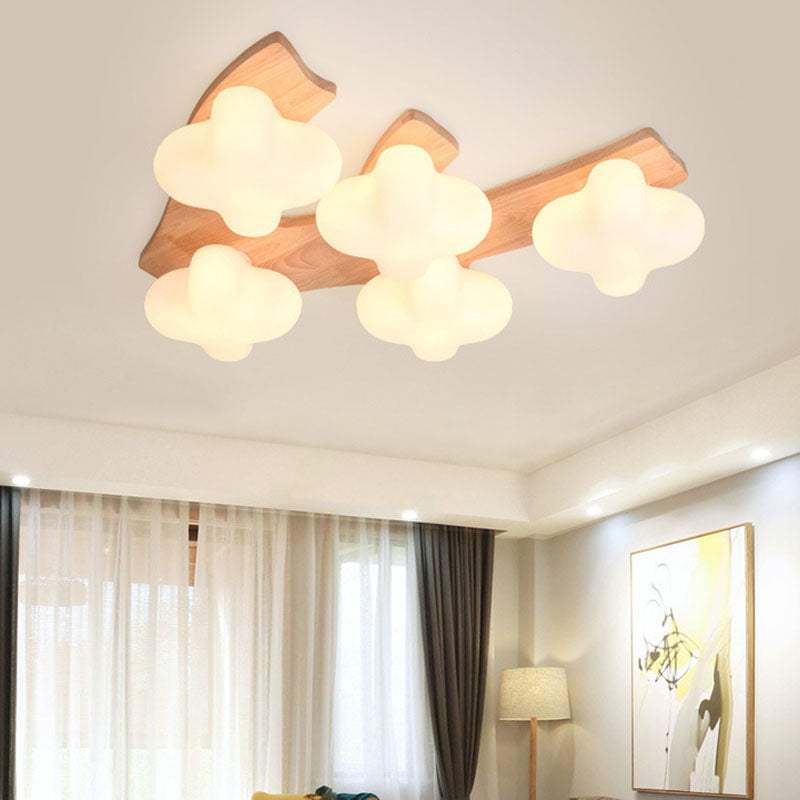 Contemporary Creative Cotton Solid Wood Glass LED Semi-Flush Mount Ceiling Light For Living Room