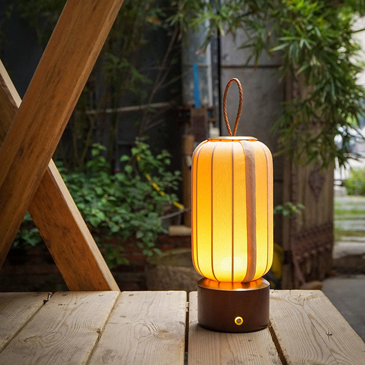 Lampe de table LED en bois massif et tissu avec lanterne chinoise traditionnelle pour chambre 